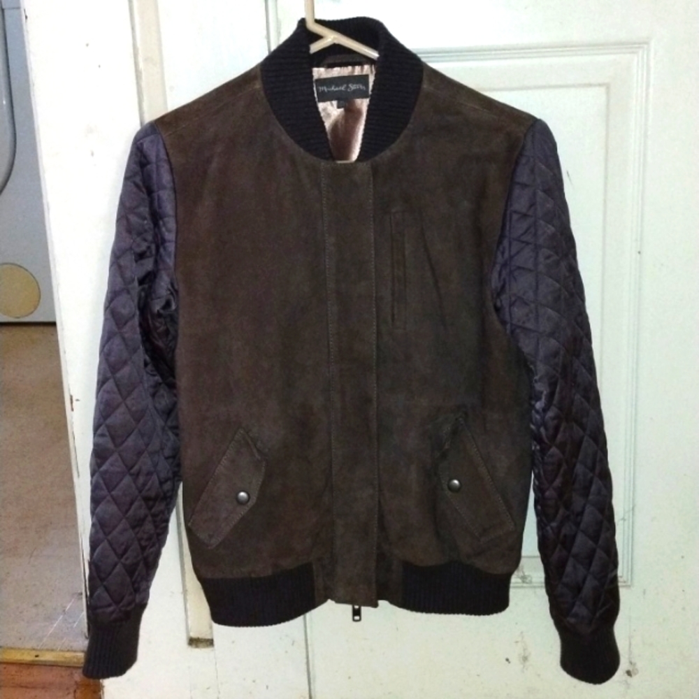 Michael Stars Goat Suede Moto Style Jacket W/ Quilted Satin Sleeves, XS